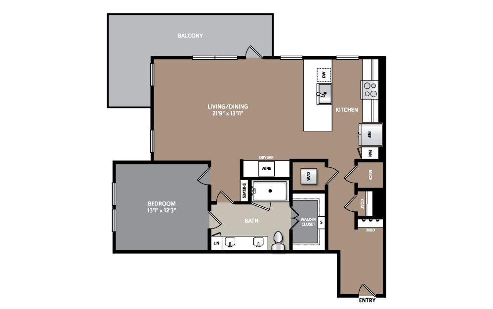 A10 - 1 bedroom floorplan layout with 1 bathroom and 915 square feet