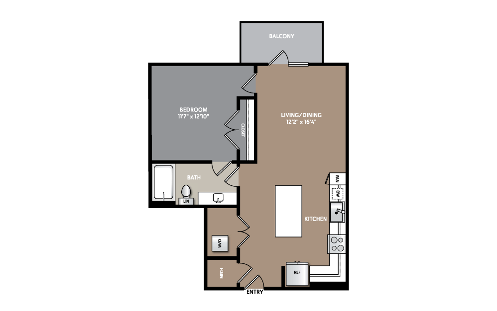 A2 - 1 bedroom floorplan layout with 1 bathroom and 706 square feet