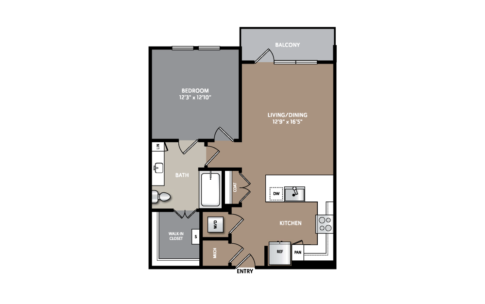 A3 - 1 bedroom floorplan layout with 1 bathroom and 725 square feet