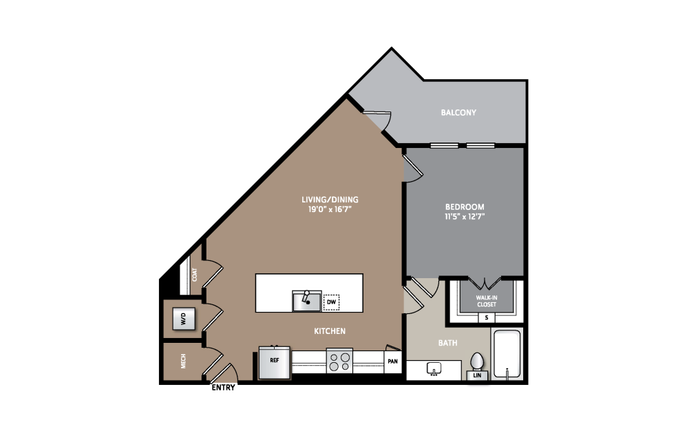 A4 - 1 bedroom floorplan layout with 1 bathroom and 728 square feet