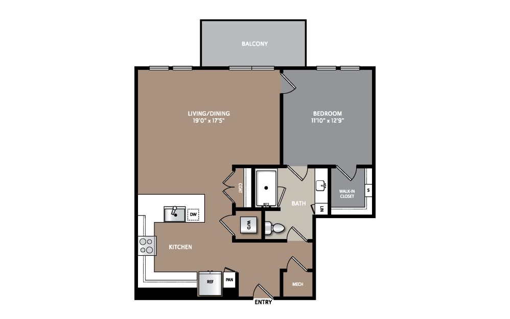 A7 - 1 bedroom floorplan layout with 1 bathroom and 842 square feet