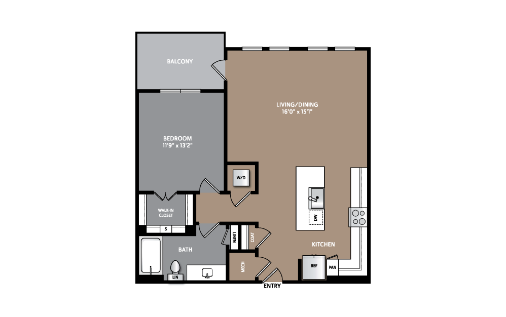 A8 - 1 bedroom floorplan layout with 1 bathroom and 844 square feet