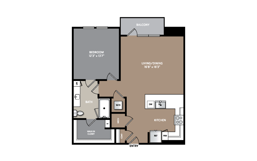 A9 - 1 bedroom floorplan layout with 1 bathroom and 845 square feet