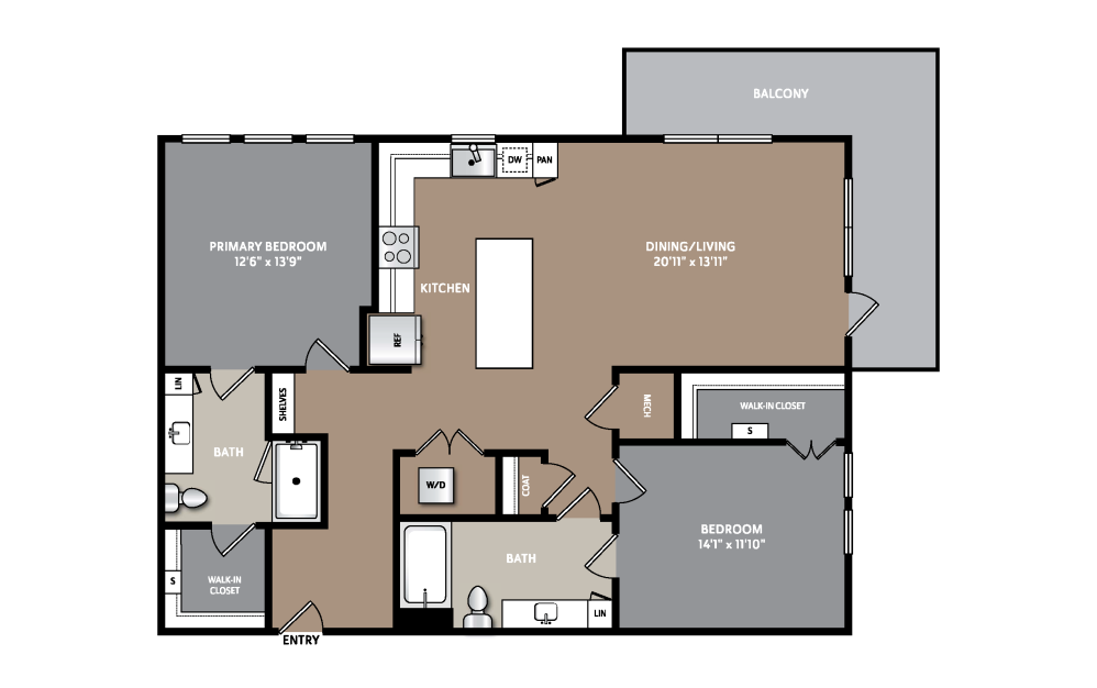 B10 - 2 bedroom floorplan layout with 2 bathrooms and 1239 - 1275 square feet