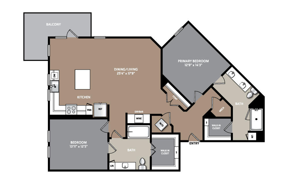 B11 - 2 bedroom floorplan layout with 2 bathrooms and 1268 square feet