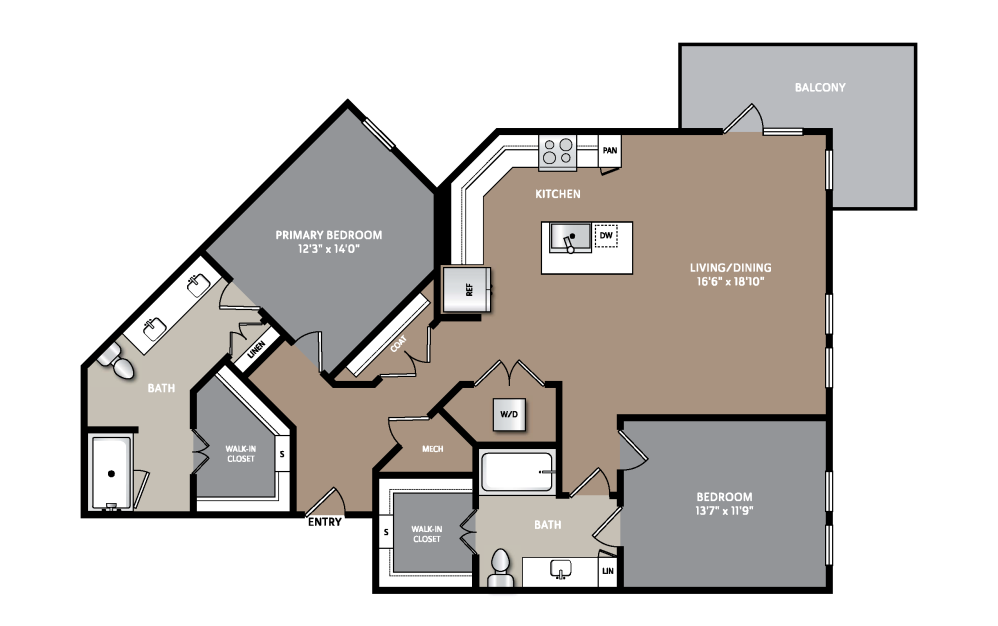 B12 - 2 bedroom floorplan layout with 2 bathrooms and 1269 square feet