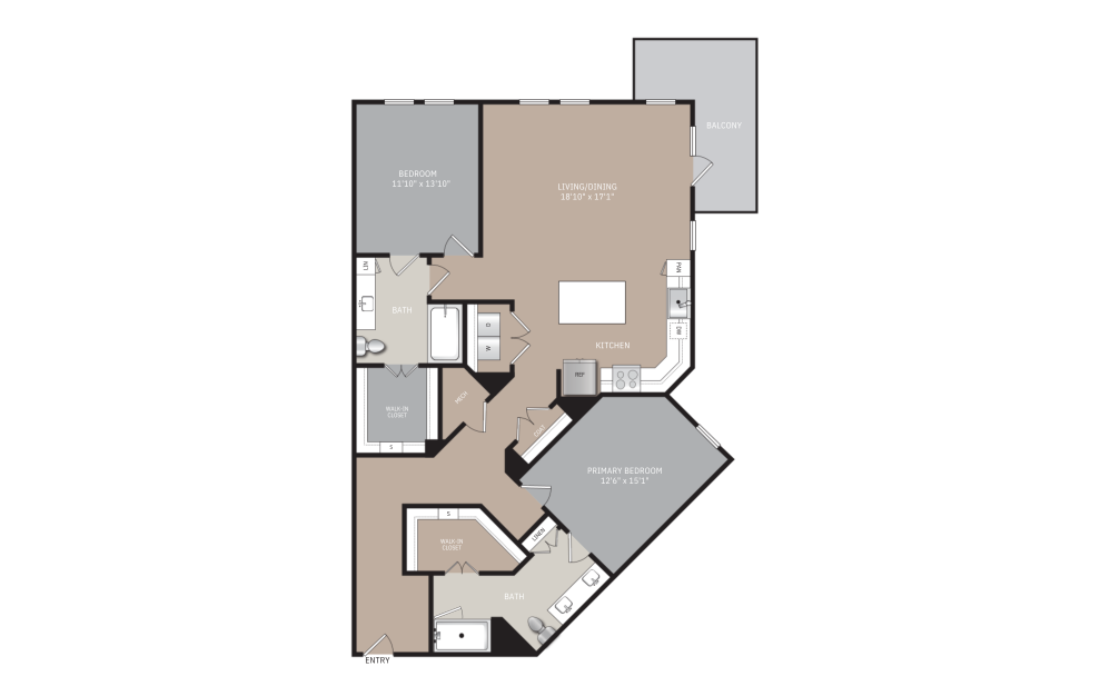 B13 - 2 bedroom floorplan layout with 2 bathrooms and 1387 square feet