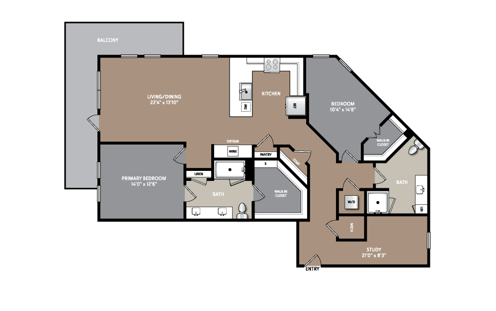 B14 - 2 bedroom floorplan layout with 2 bathrooms and 1417 square feet