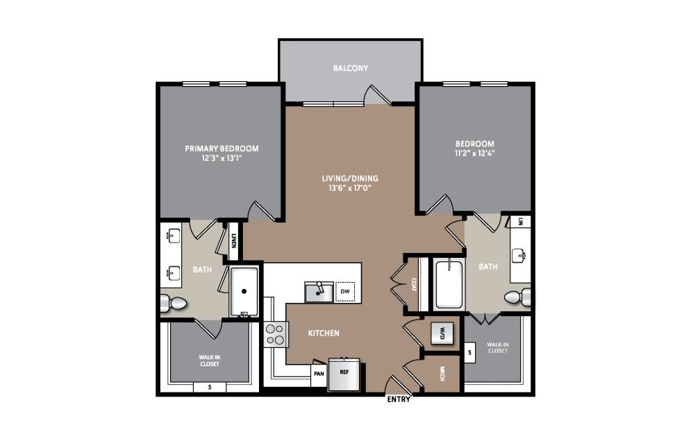 B1 - 2 bedroom floorplan layout with 2 bathrooms and 1056 square feet