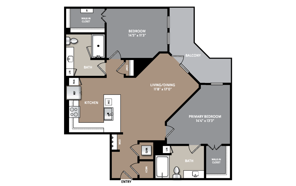 B2 - 2 bedroom floorplan layout with 2 bathrooms and 1057 - 1099 square feet