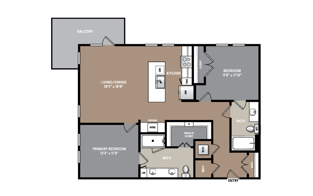 B3 - 2 bedroom floorplan layout with 2 bathrooms and 1092 square feet