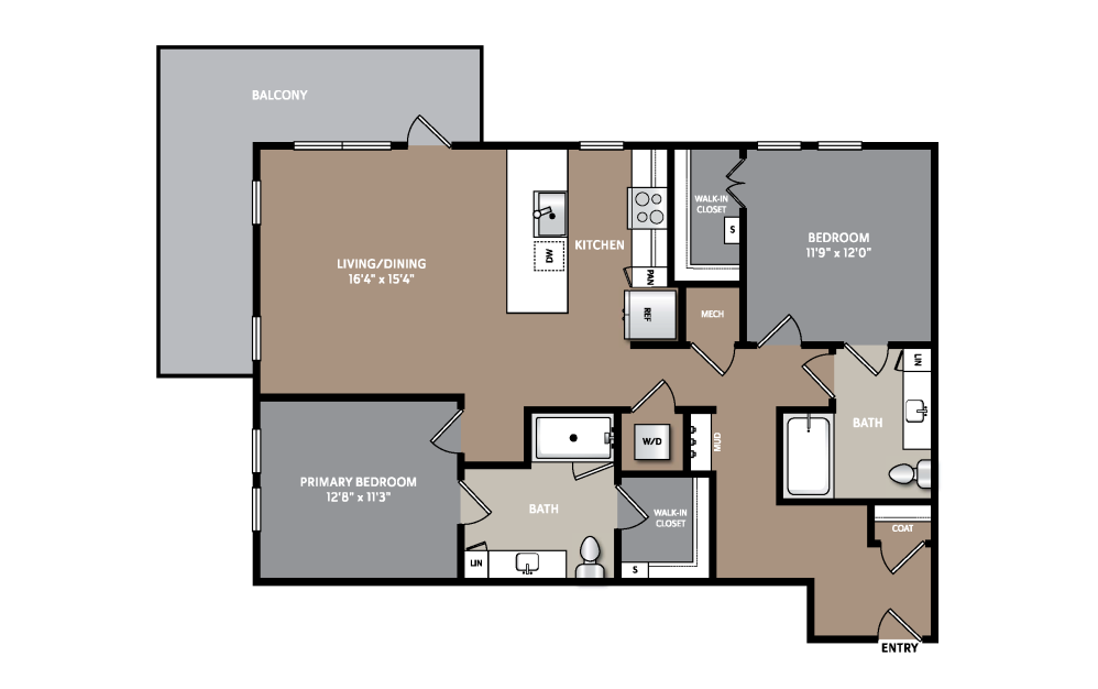 B4 - 2 bedroom floorplan layout with 2 bathrooms and 1113 square feet