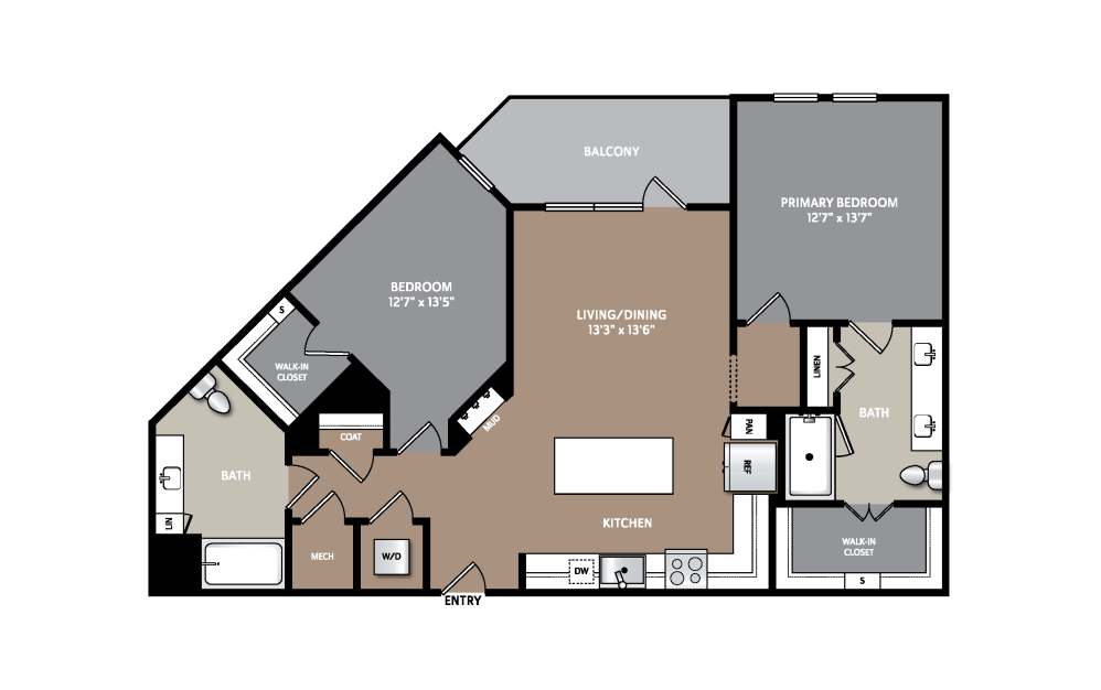 B5 - 2 bedroom floorplan layout with 2 bathrooms and 1127 square feet