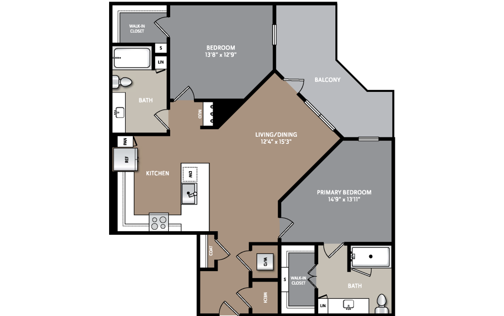 B6 - 2 bedroom floorplan layout with 2 bathrooms and 1134 square feet