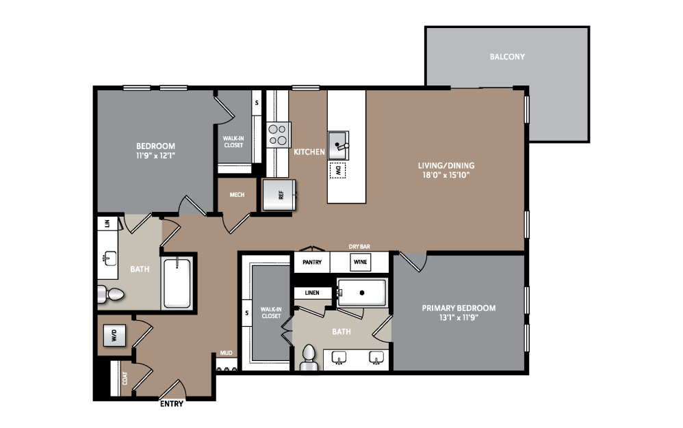 B7 - 2 bedroom floorplan layout with 2 bathrooms and 1170 - 1232 square feet