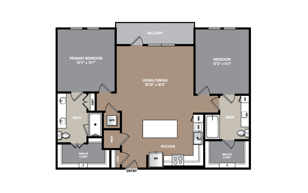 B8 - 2 bedroom floorplan layout with 2 bathrooms and 1188 - 1272 square feet