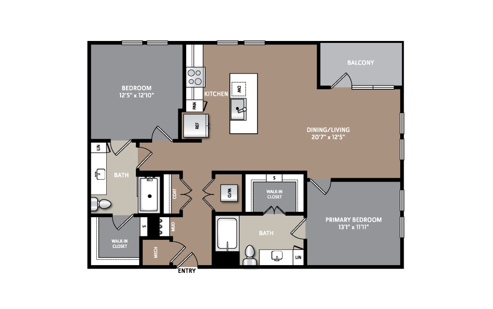 B9 - 2 bedroom floorplan layout with 2 bathrooms and 1194 square feet